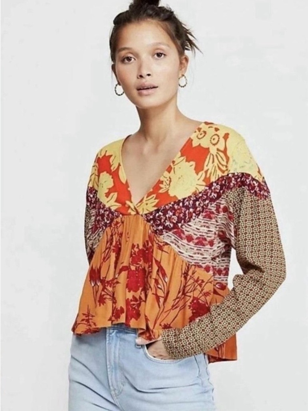 Free People Aloha State of Mind Patchwork Peasant Top Boho Festival Multi SZ S